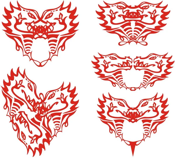Tribal Rode Draak Harten Symbolen Set Van Valentijnskaarten Witte Achtergrond — Stockvector