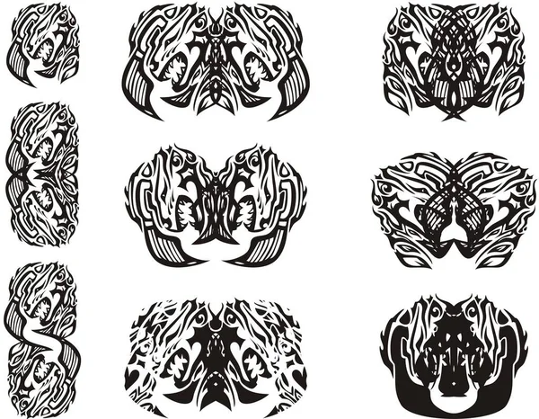 Tribal Double Papillon Ailes Symboles Papillons Abstraits Formés Par Tête — Image vectorielle
