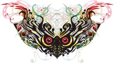 Süslü çiçekli baykuş kafası kırmızı gözlerle su sıçratıyor. Karnaval için soyut korkunç baykuş gözleri, Cadılar Bayramı, tişört, tekstil, dekoratif kompozisyonlar.