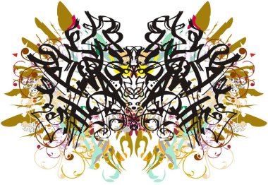 Grunge alışılmadık kelebek kanatları. Alışılmadık bir deseni olan sanatsal bir çizgi tarafından yaratılmış soyut dekoratif kelebek, altın kartal tüyleri ve renkli çiçek elementleri