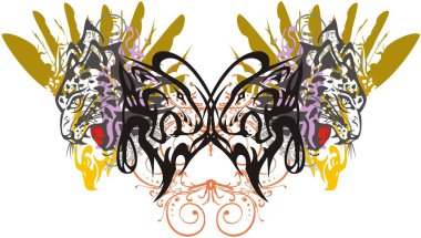 Tehlikeli renkli kelebek kanatları sıçrıyor. Yaratıcı projeleriniz için kaplan başlı ve saldırgan leopar başlı soyut kelebek kanatları