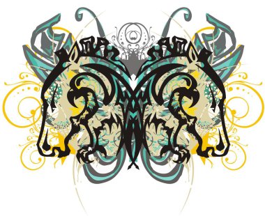 Güzel çiçekli kelebek kanatları. Beyaz bir zemin üzerinde at ve kartalların başları tarafından oluşturulan soyut grunge kelebeği posterler, amblemler, baskılar, tekstil vs..