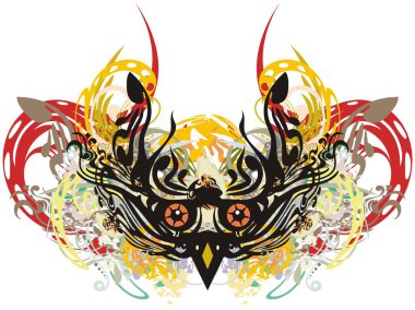 Turuncu gözlü renkli baykuş kafası. Tatiller, dövmeler, tişörtler, tekstil, posterler vb. için beyaz arka plana soyut bir baykuş kafası sıçradı..