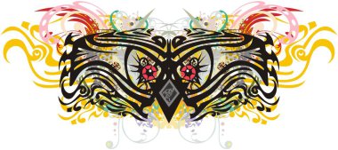 Korkunç çiçekli baykuş gözleri su sıçratıyor. Bayramlar, dövmeler, tişörtler, tekstil, posterler, dekoratif kompozisyonlar vs. için beyaz bir arkaplan üzerinde Grunge soyut renkli baykuş başı.