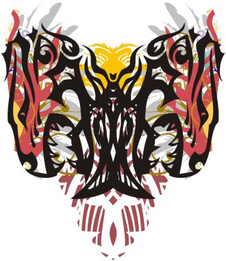 Kaplan kafaları tarafından yaratılmış korkunç grunge kelebek kanatları. Saldırgan kaplan başlarının yarattığı soyut etnik kelebek tüylü elementler ve renkli lekeler tasarımınız için beyaz arka planda