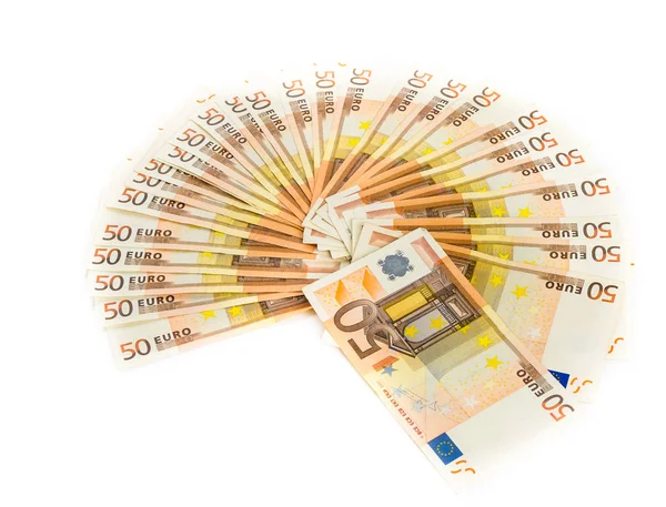50 notas de euro isoladas sobre fundo branco. notas Fotografia De Stock