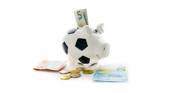 Ευρώ χρήματα ΓΡΑΜΜΑΤΙΑ και ΚΕΡΜΑΤΑ σε κουμπαρά που απομονώνονται σε λευκό backg — Φωτογραφία Αρχείου