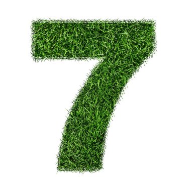 Çim numarası. 7 numaralı çim beyaz arka planda izole edilmiş. Yeşil çimlerin dokusuyla sembol. Çevre sembolü koleksiyonu. 3B illüstrasyon