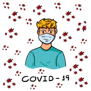 Covid-19 'u veya Corona Virüs Salgınını Korumak İçin Koruyucu Maske Giyen Bir Adamın Vektörü