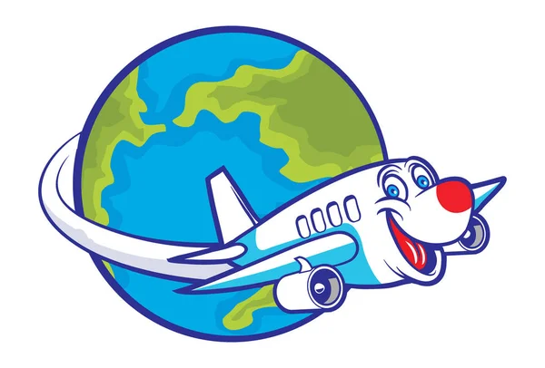 Cartoon-Flugzeug fliegt um den Globus — Stockvektor