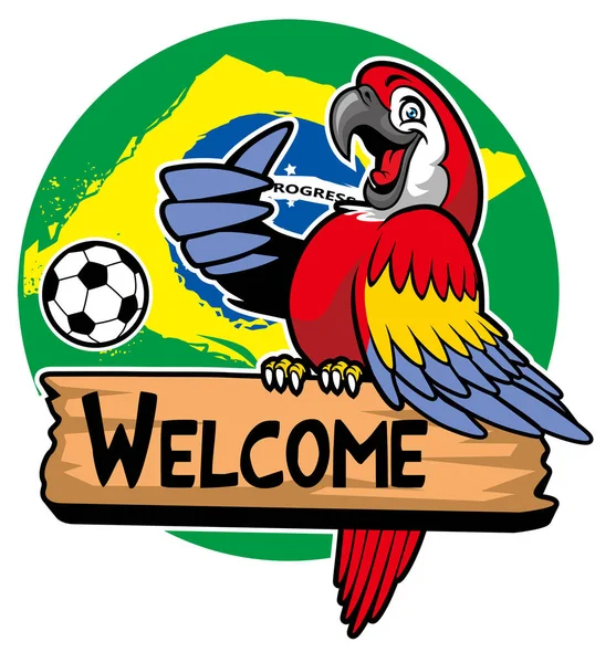 Macaw Pták Pozdrav Brazilskou Vlajkou Jako Pozadí — Stockový vektor
