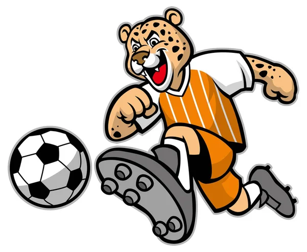 Correndo Mascote Leopardo Jogando Futebol —  Vetores de Stock