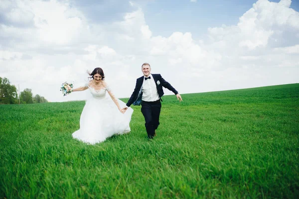 Feliz boda pareja corriendo en el campo —  Fotos de Stock