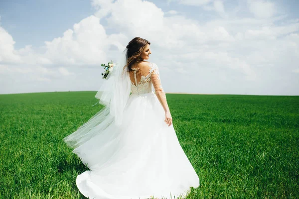 Sposa meravigliosa che gira nel campo — Foto Stock