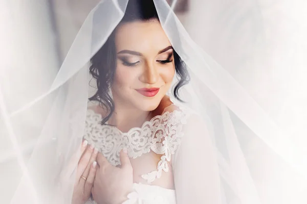 Retrato de una novia increíble. Velo de novia, bordado . —  Fotos de Stock