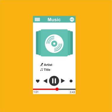 Media player uygulaması, akıllı telefonlar, bilgisayar veya tabletler için düz tasarım şablonu. Temiz ve modern - Vektör