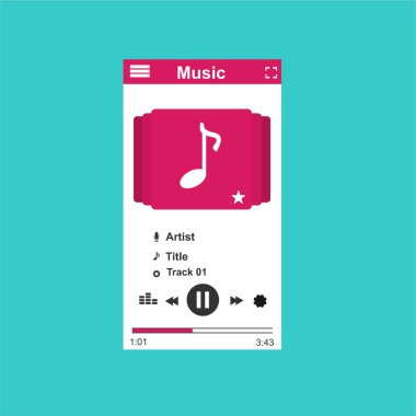 Media player uygulaması, akıllı telefonlar, bilgisayar veya tabletler için düz tasarım şablonu. Temiz ve modern - Vektör