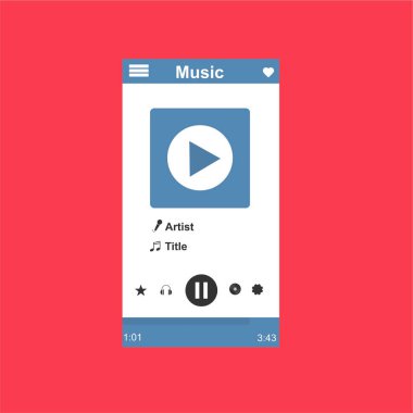 Media player uygulaması, akıllı telefonlar, bilgisayar veya tabletler için düz tasarım şablonu. Temiz ve modern - Vektör