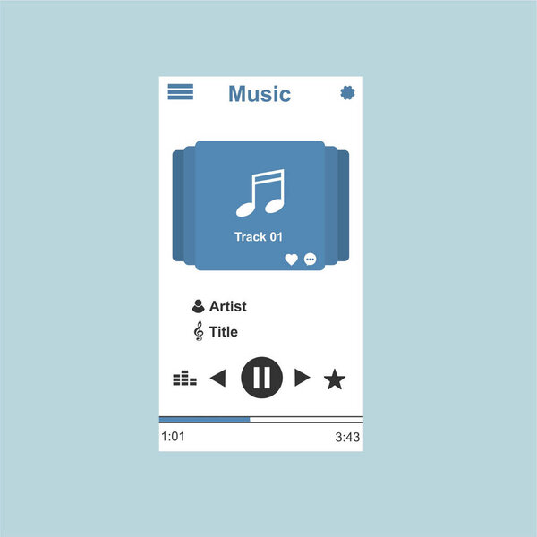 Media player application, app template with flat design style for smart phones, PC or tablets. Clean and modern - Vector