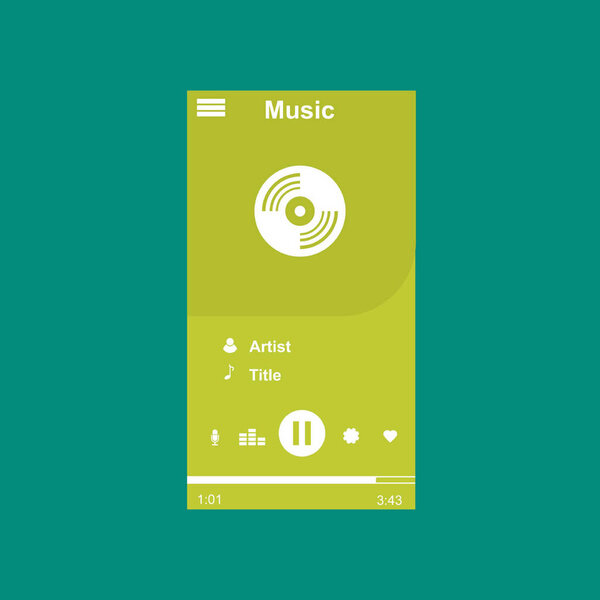 Media player application, app template with flat design style for smart phones, PC or tablets. Clean and modern - Vector