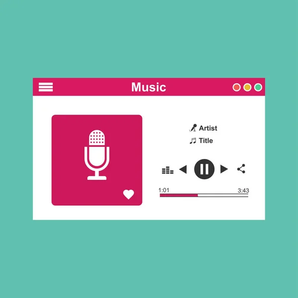 Music player app interface vector color template. Media player navigation screen. Flat UI, GUI. Playing audio, radio — Stock Vector