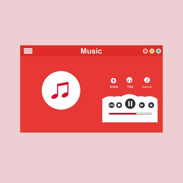 Modern Music player app interface vector color template. Media player navigation screen. Flat UI, GUI. Playing audio, radio. — Stock Vector