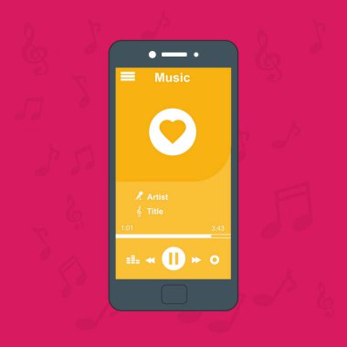 Modern minimalist medya oyuncusu Flat Ui, Gui. Ses ve radyo oynatılıyor. Telefon görüntüsü