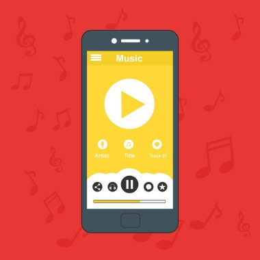 Modern düz tasarım şablonunda panel kontrolü ile akıllı telefon simgesi arayüzü ile mobil müzik uygulaması