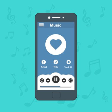 Modern düz tasarım şablonunda panel kontrolü ile akıllı telefon simgesi arayüzü ile mobil müzik uygulaması