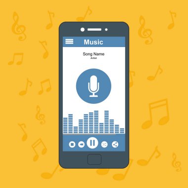 Akıllı telefon ekranında müzik çalar uygulamasının bir çizimi. Müzik indiriliyor ve dinleniyor. Düzenlenmesi ve kişiselleştirilmesi kolay