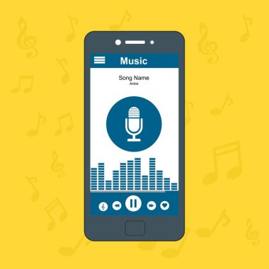 Akıllı telefon ekranında müzik çalar uygulamasının bir çizimi. Müzik indiriliyor ve dinleniyor. Düzenlenmesi ve kişiselleştirilmesi kolay