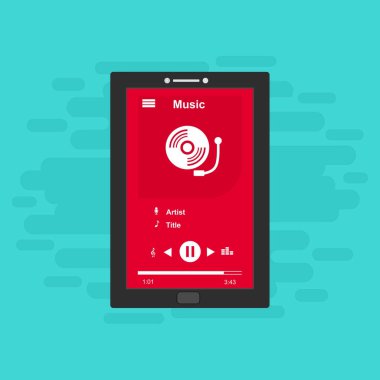 Müzik Oynatıcı Ui uygulama tasarımı, akıllı telefonlar, bilgisayar veya tabletler için düz tasarım tarzlı vektör illüstrasyonu. Temiz ve modern