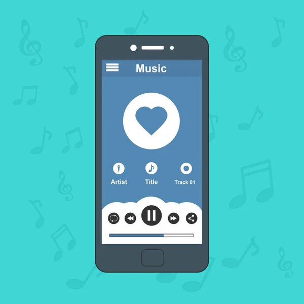 Aplicação de música móvel com interface de ícone de smartphone com controle de painel no modelo de design plano moderno — Vetor de Stock