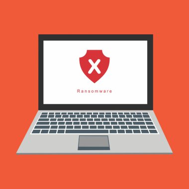 Bilgisayar monitörü ve kırmızı böcek virüsleri var. veri koruması veya dijital çevrimiçi güvenlik kavramı. Düz vektör illüstrasyonu.