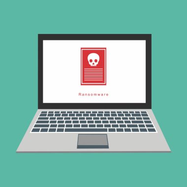 Bilgisayar monitörü ve kırmızı böcek virüsleri var. veri koruması veya dijital çevrimiçi güvenlik kavramı. Düz vektör illüstrasyonu.