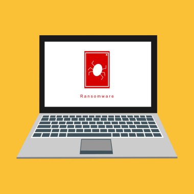 Bilgisayar monitörü ve kırmızı böcek virüsleri var. veri koruması veya dijital çevrimiçi güvenlik kavramı. Düz vektör illüstrasyonu.