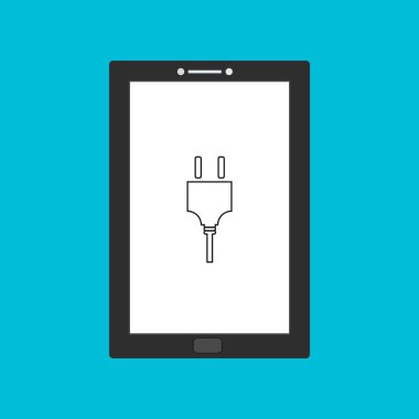 Tasarım uyarı simgesi tablet akıllı telefonla şarj ediliyor. Web için elektrik prizi vektör simgesinin düz çizimi