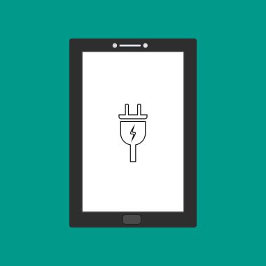 Tasarım uyarı simgesi tablet akıllı telefonla şarj ediliyor. Web için elektrik prizi vektör simgesinin düz çizimi
