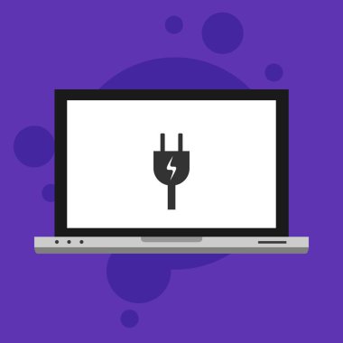 Elektrik prizi işaretli bir laptop. Hoparlörün elektrik prizinin düz çizimi. Vektör simgesi. Güç dolgusu sembolü Vektör illüstrasyonu