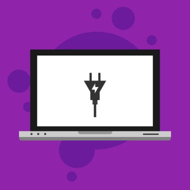 Güç kaynağı simgesi olan bir laptop. Bağlantı elektriği. Vektör illüstrasyon düz tasarım