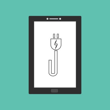 Tasarım uyarı simgesi tablet akıllı telefonla şarj ediliyor. Web için elektrik prizi vektör simgesinin düz çizimi