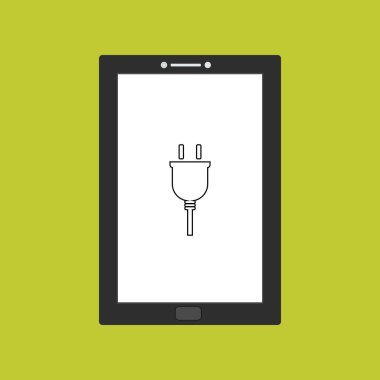 Tasarım uyarı simgesi tablet akıllı telefonla şarj ediliyor. Web için elektrik prizi vektör simgesinin düz çizimi