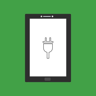 Tasarım uyarı simgesi tablet akıllı telefonla şarj ediliyor. Web için elektrik prizi vektör simgesinin düz çizimi