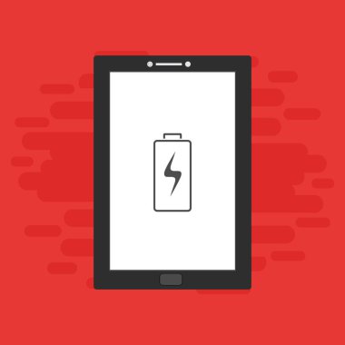 Yüklü dizüstü bilgisayar, güç dolgusu, adaptör, düşük pil akıllı telefon konsepti web için düz illüstrasyon vektör simgesi