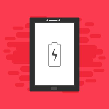 Yüklü dizüstü bilgisayar, güç dolgusu, adaptör, düşük pil akıllı telefon konsepti web için düz illüstrasyon vektör simgesi