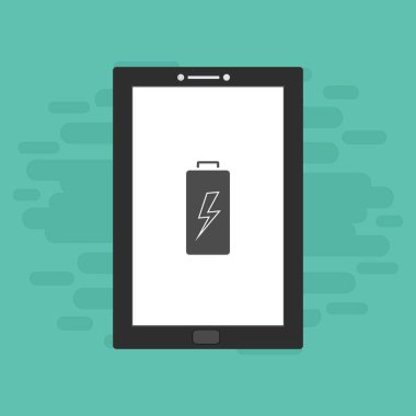 Yüklü dizüstü bilgisayar, güç dolgusu, adaptör, düşük pil akıllı telefon konsepti web için düz illüstrasyon vektör simgesi