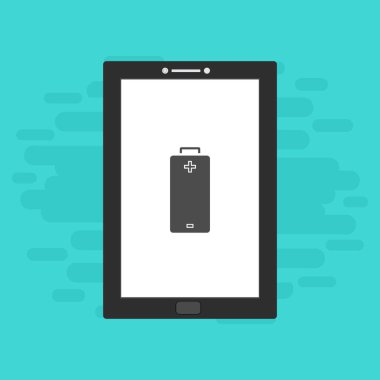 Yüklü dizüstü bilgisayar, güç dolgusu, adaptör, düşük pil akıllı telefon konsepti web için düz illüstrasyon vektör simgesi