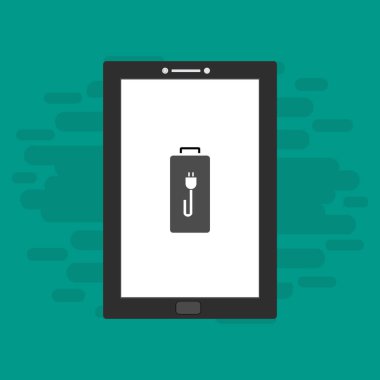 Yüklü dizüstü bilgisayar, güç dolgusu, adaptör, düşük pil akıllı telefon konsepti web için düz illüstrasyon vektör simgesi