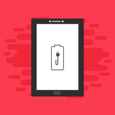 Yüklü dizüstü bilgisayar, güç dolgusu, adaptör, düşük pil akıllı telefon konsepti web için düz illüstrasyon vektör simgesi