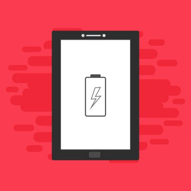 Yüklü dizüstü bilgisayar, güç dolgusu, adaptör, düşük pil akıllı telefon konsepti web için düz illüstrasyon vektör simgesi